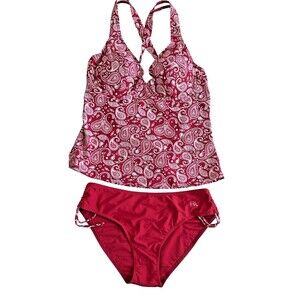 Womens S/M Burgundy Dark Red Print Swimsuit Tankini Set Two Piece Underwire